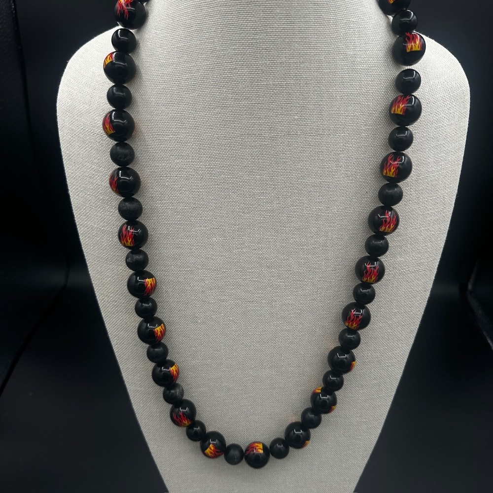 Vintage Handmade Black Flame Beaded Necklace Hot Rod Rockabilly Style Fashion